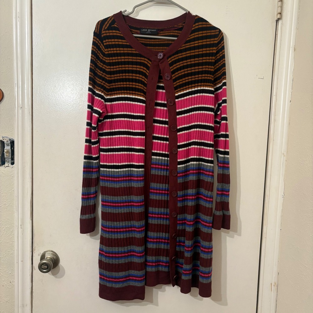 Pink Purple Horizontal Striped Knit Longline Duster Cardigan Fall Indie 18/20